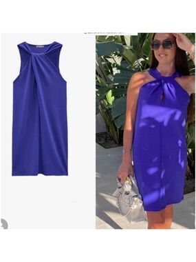 Zara blue front twist knot Halter Sheath Mini Dress Sz S